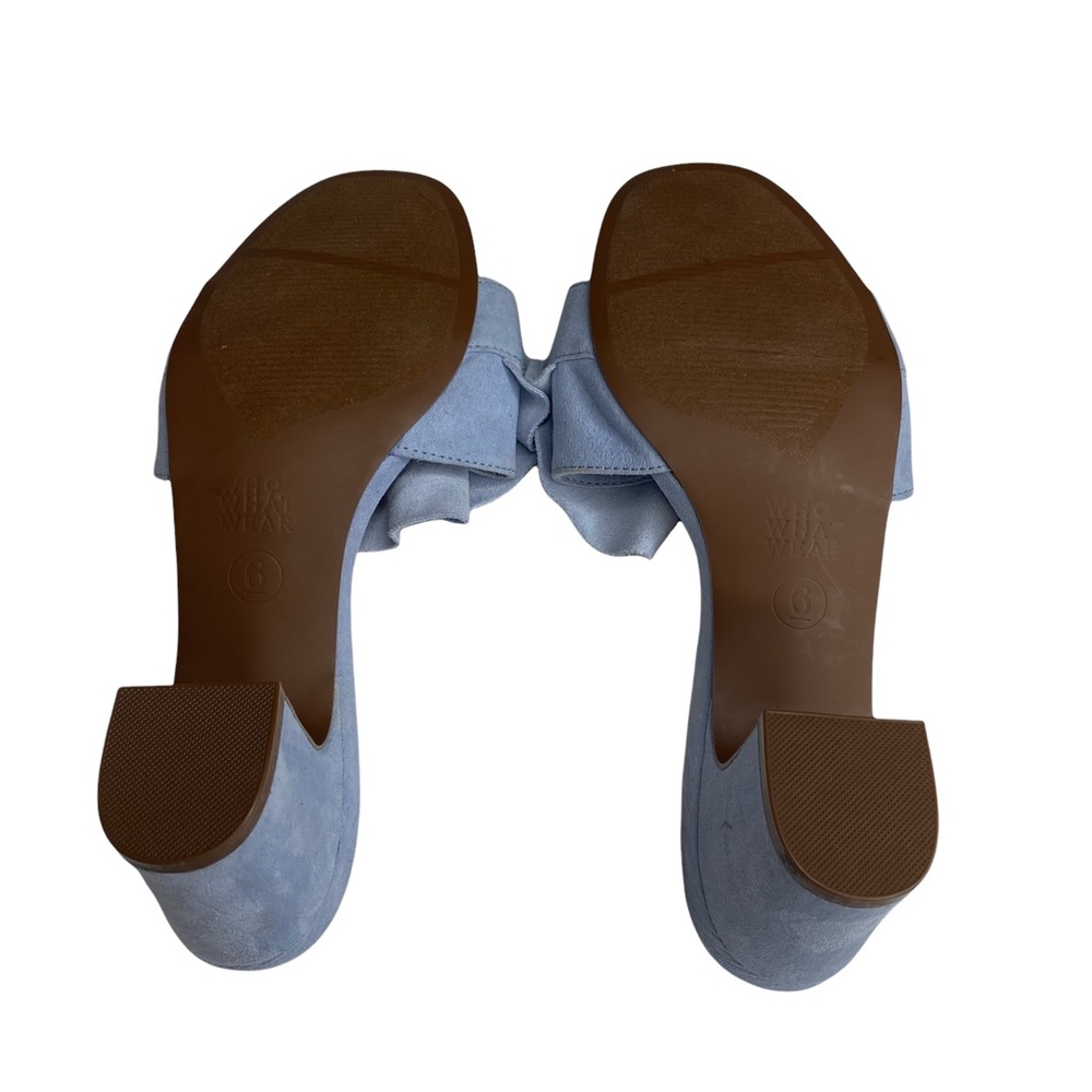 new Who What Wear ꧁ Zadie Ruffled Mule Heels Slide In Sandals ꧂ Blue Vegan Suede - Picture 13 of 16